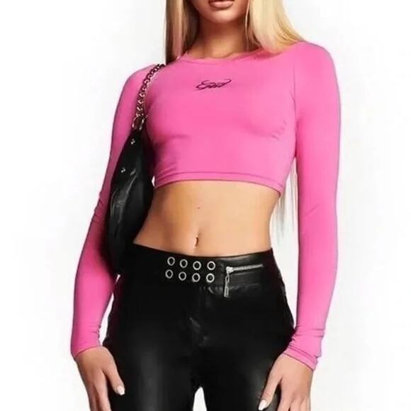 I.AM.GIA. Pink Bamboo Long Sleeve Stretchy Embroidered Gia Cropped Top Women XL - Picture 1 of 8